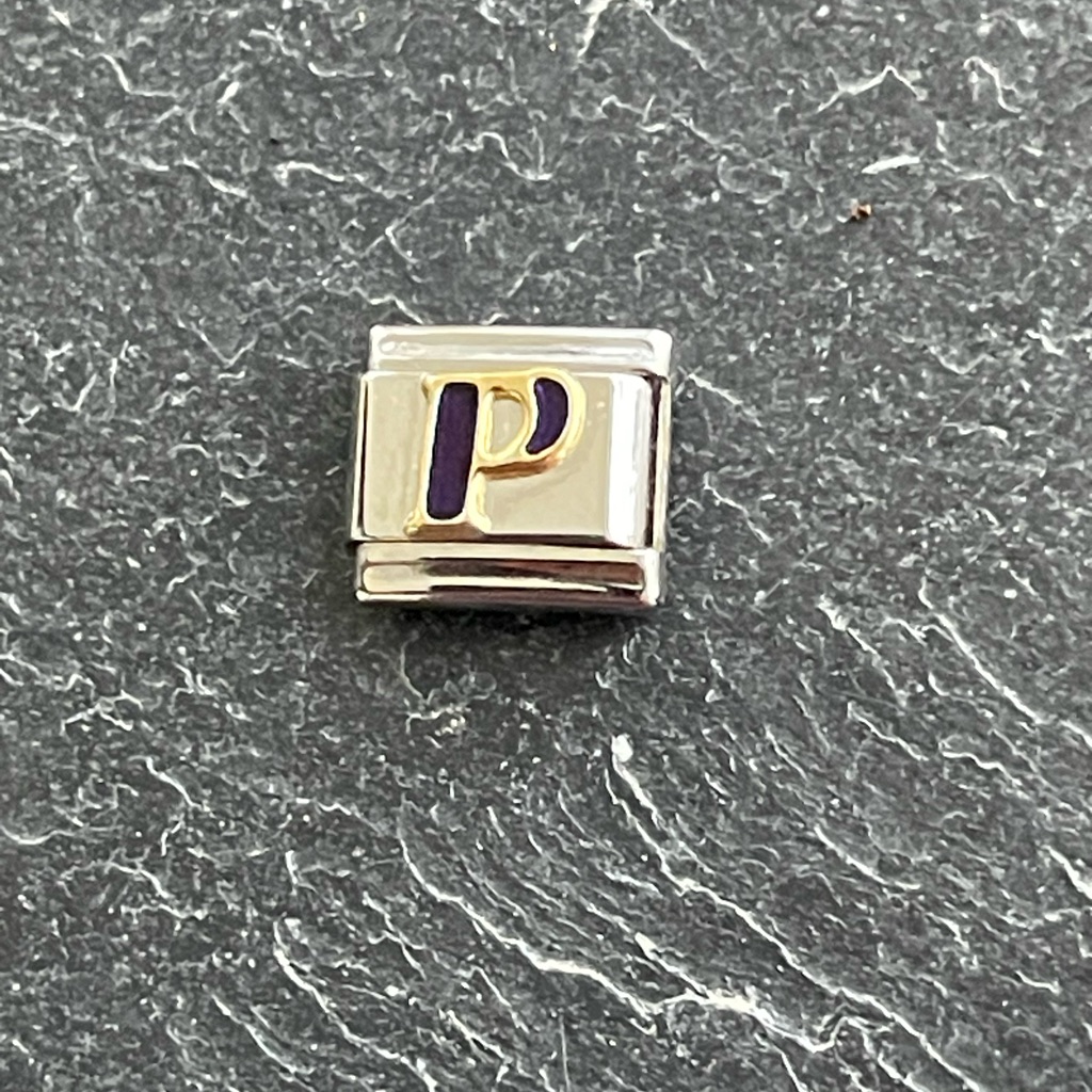 Zoppini Stainless Steel And Gold Blue Enameled Initial P Link Charm